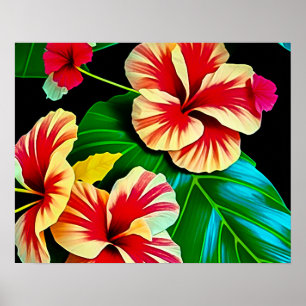 Affiche Feuilles tropicales colorées et fleurs d'Hibiscus