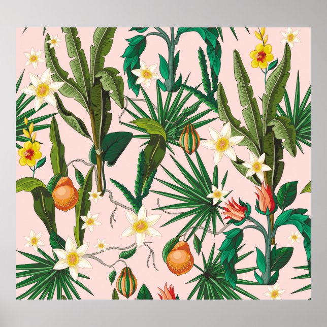 Affiche Feuilles tropicales, fleur, motif de fruits. (Devant)