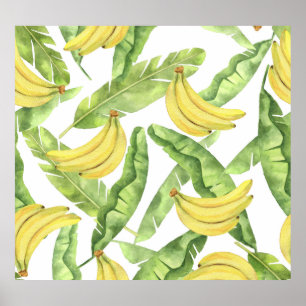 Affiche Feuilles tropicaux, bananes, motif aquarelle.