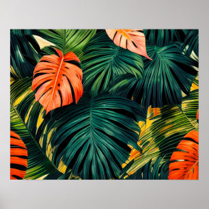 Affiche Feuilles tropicaux colorés et fleurs d'Hibiscus