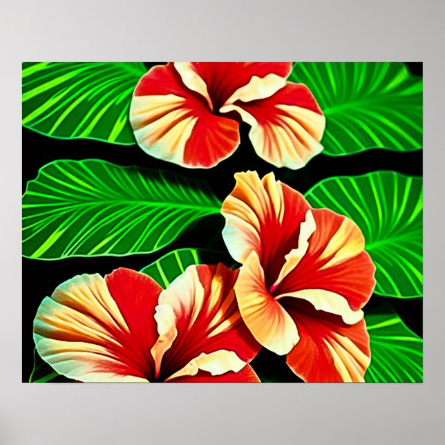Affiche Feuilles tropicaux colorés et fleurs d'Hibiscus | (Devant)