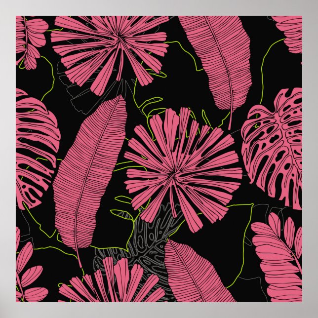 Affiche Feuilles tropicaux dessinés à la main. Plante exot (Devant)