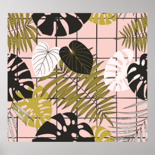 Affiche Feuilles tropicaux, fleurs, motif peint à la main.