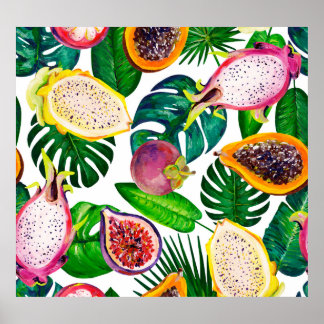 Affiche Feuilles tropicaux, fruits, gouache sans couture m