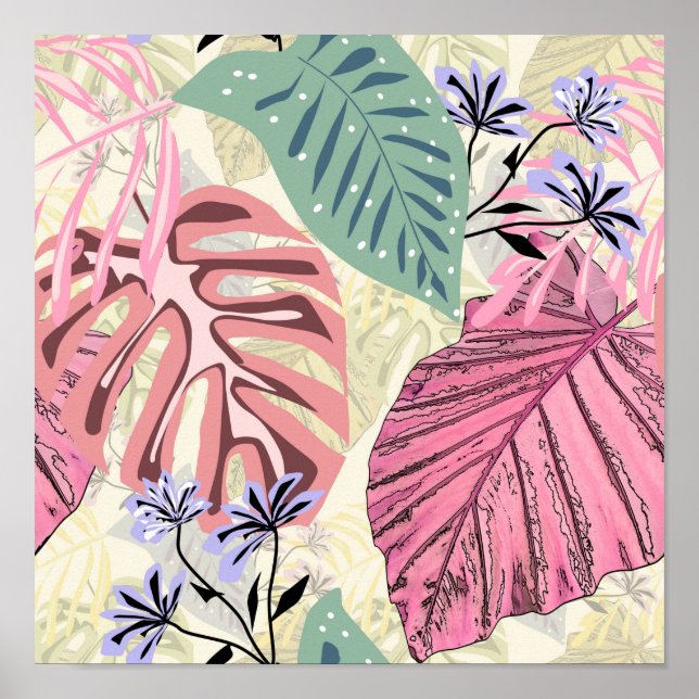 Affiche Feuilles tropicaux roses et verts, fleurs bleues. (Devant)