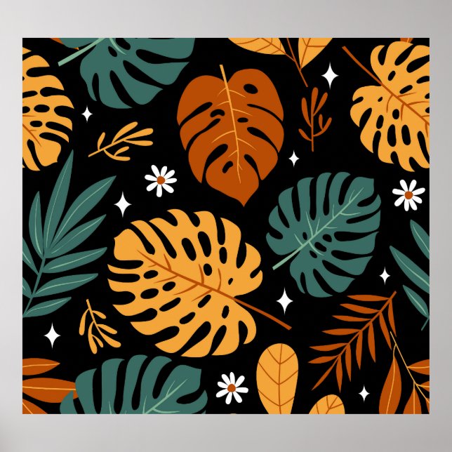 Affiche Feuilles tropicaux : Vintage foncé sans couture. (Devant)