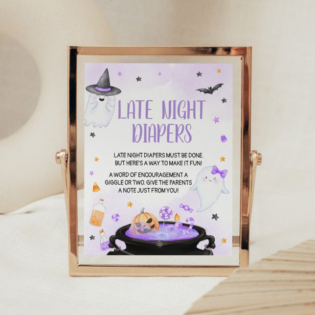 Affiche Feuillet Boo-y Halloween Diapositives nocturnes (Purple Oh Sheet Boo-y Ghoul Baby Shower Late Night Diapers Sign)