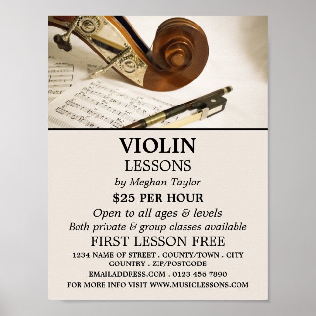 Affiche Feuillet de notes pour violon, leçons de violon pu (Devant)