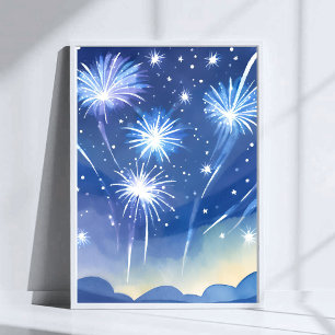 Affiche Feux d'artifice bleus   Aquarelle de célébration d