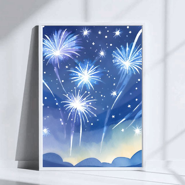 Affiche Feux d'artifice bleus | Aquarelle de célébration d (Créateur téléchargé)