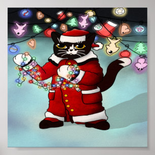Affiche Feux de Noël Cute Tuxedo Chat