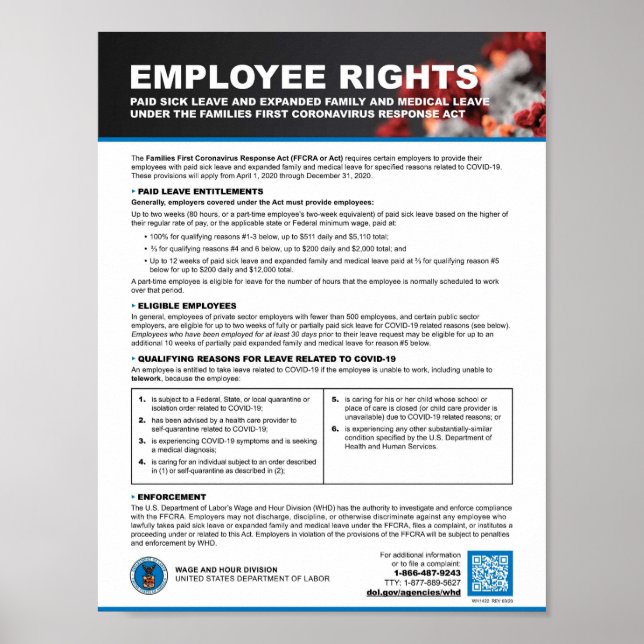 AFFICHE FFCRA - PREMIÈRE LOI SUR LA RÉPONSE CORONAVIRUS DE (Devant)