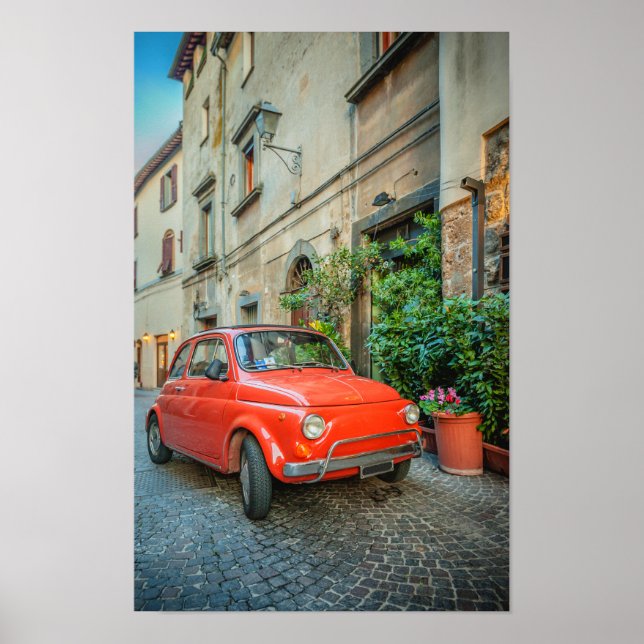 Affiche Fiat 500, rouge, voiture italienne classique en It (Devant)