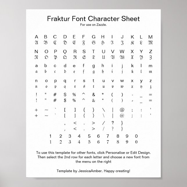 Affiche Fiche de caractères de la police Fraktur pour Zazz (Devant)