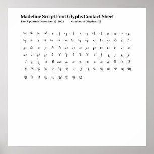 Affiche Fiche de contact des glyphes de police de script d