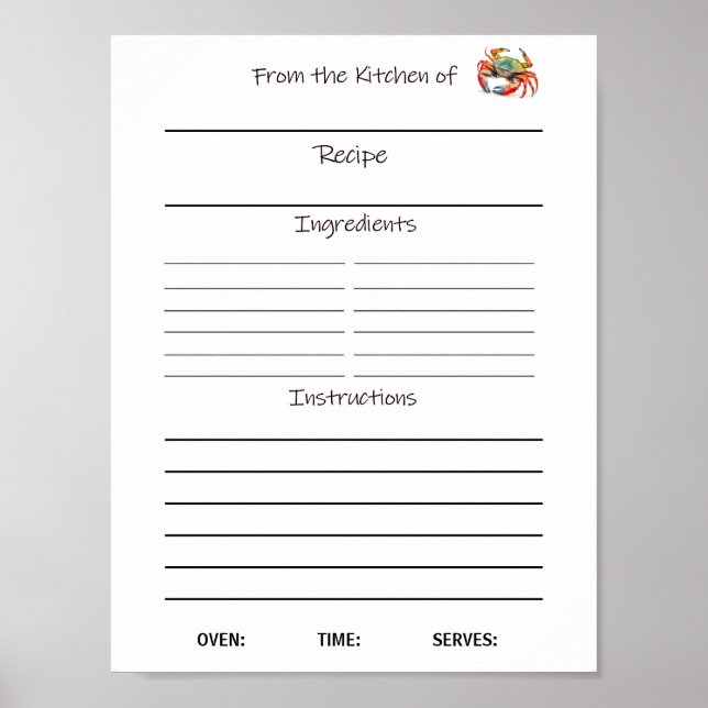 Affiche Fiche de recettes de téléchargement instantané ou (Devant)