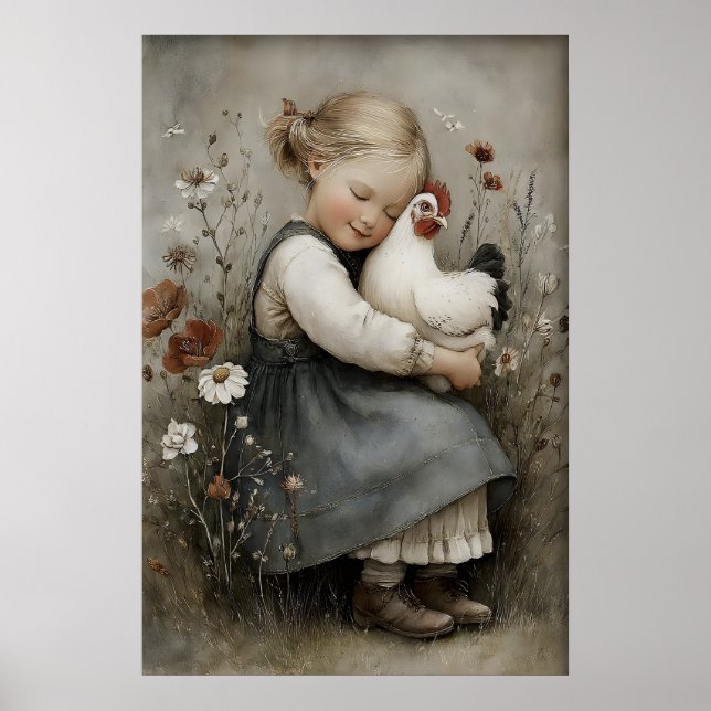 Affiche Fichier imprimable de fille qui étreint un poulet, (Devant)