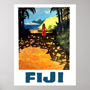 Affiche Fidji, femme sur la côte tropicale et bateau de to