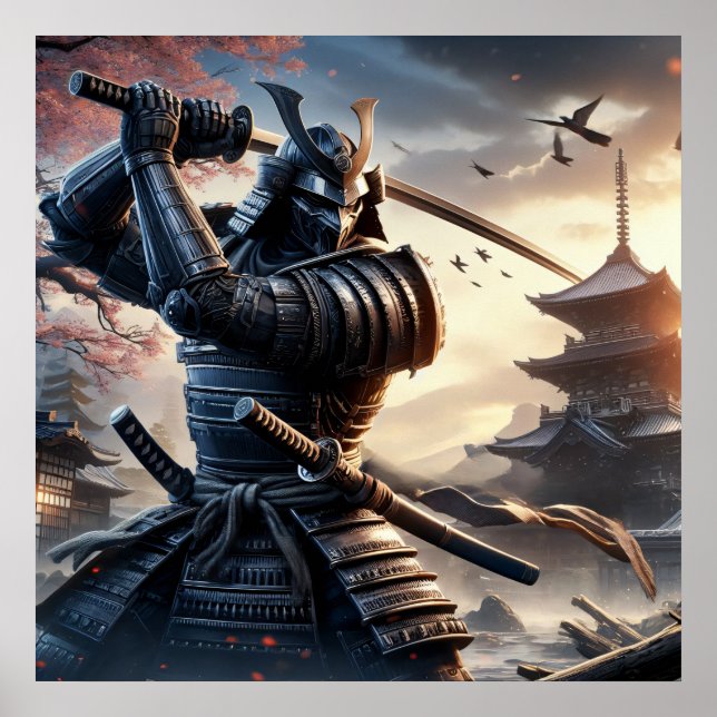 Affiche Fierce Black Samurai Guerrier en armure traditionn (Devant)