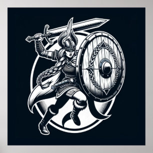 Affiche Fierce Valkyrie Warrior - Norse Mythology Line Art