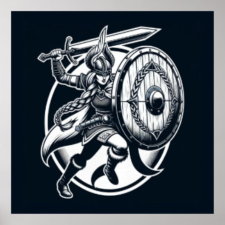 Affiche Fierce Valkyrie Warrior - Norse Mythology Line Art