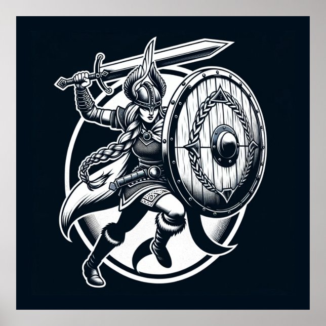 Affiche Fierce Valkyrie Warrior - Norse Mythology Line Art (Devant)