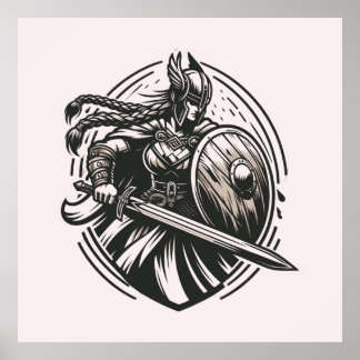 Affiche Fierce Valkyrie Warrior - Norse Mythology Line Art