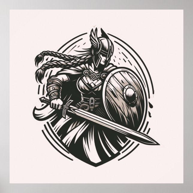 Affiche Fierce Valkyrie Warrior - Norse Mythology Line Art (Devant)