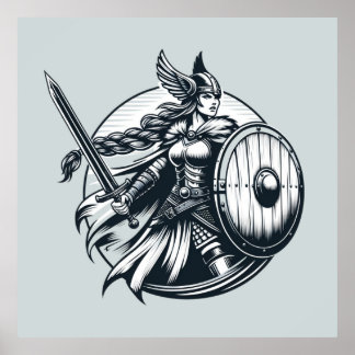 Affiche Fierce Valkyrie Warrior - Norse Mythology Line Art