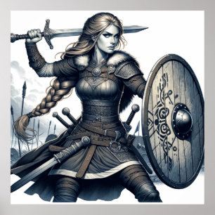Affiche Fierce Valkyrie Warrior - Norse Mythology Line Art