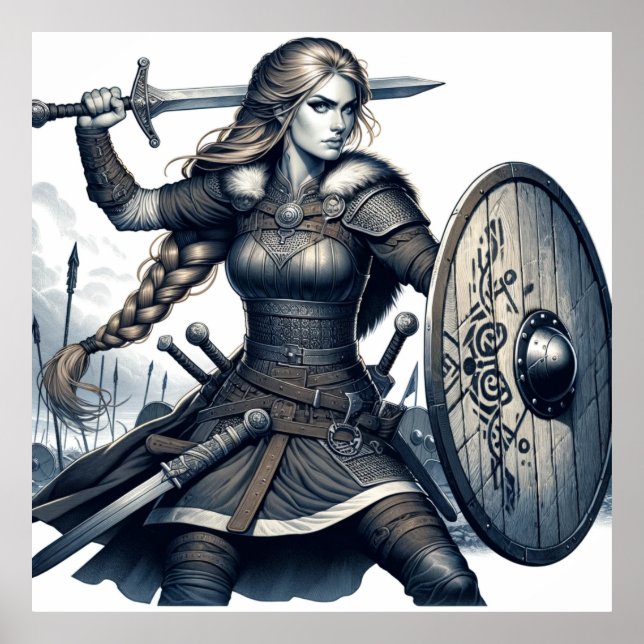 Affiche Fierce Valkyrie Warrior - Norse Mythology Line Art (Devant)