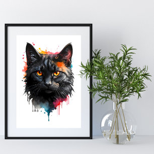 Affiche Fiery Gazon Chat noir Aquarelle Animal Mur Art