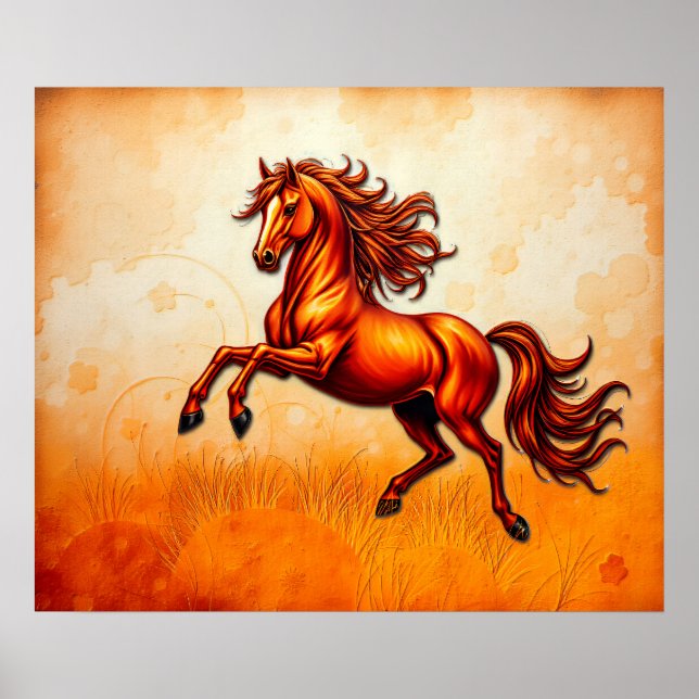 Affiche Fiery Horse Leaps, Orange Gold, Artistic Grunge  (Devant)