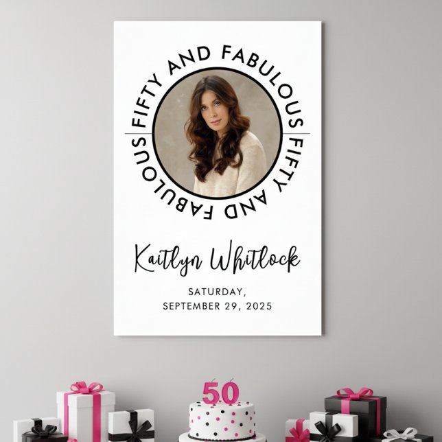 Affiche Fifty and Fabulous Photo 50th Birthday Party (elegant bold black and white fifty and fabulous 50th birthday party poster sign with photo name cust)