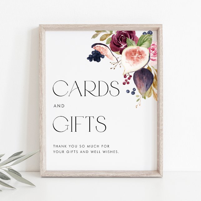 Affiche Figs et Berry Floral cartes de mariage et cadeaux (Watercolor cards and gifts sign with watercolor figs, berries and flowers. Perfect for fall events.)