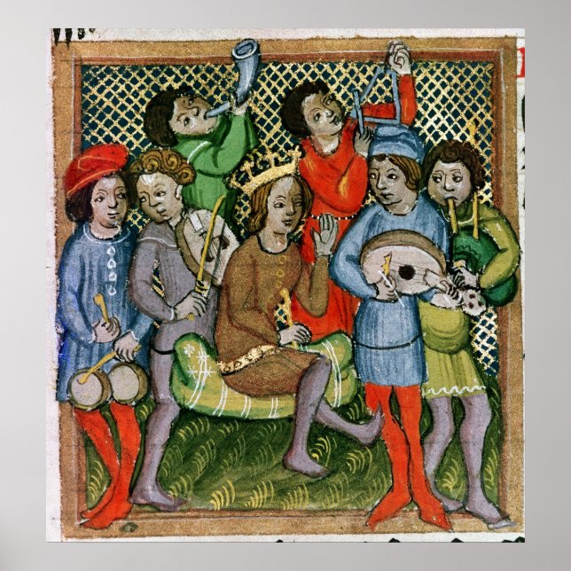 Affiche Figure couronnée assise entourée de musiciens (Devant)