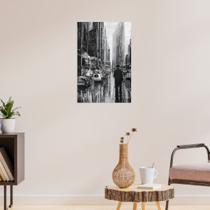 Affiche Figure dans la pluie noir et blanc - art