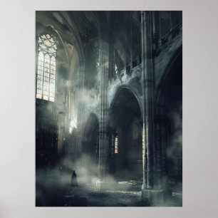 Affiche Figure encapuchonnée Cathédrale gothique abandonné