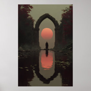 Affiche Figure encapuchonnée sous un soleil de sang dans u