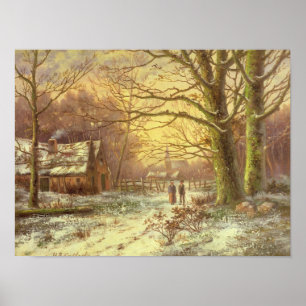 Affiche Figures sur un chemin avant un village en hiver
