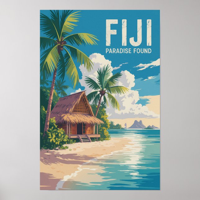 Affiche Fiji Hutte de plage Voyage Art Vintage (Devant)