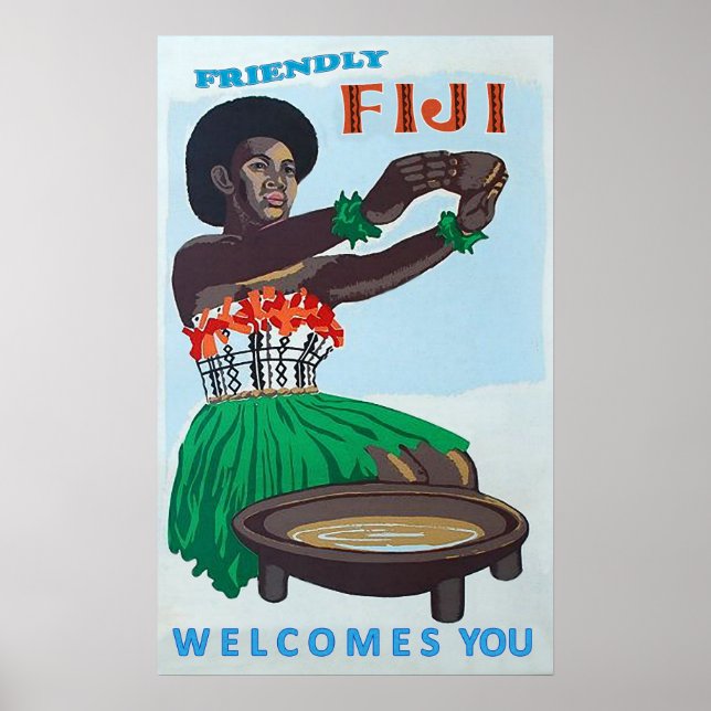 Affiche Fiji island, native woman with traditional welcome (Devant)