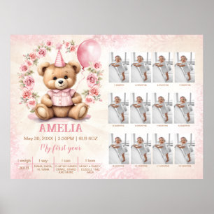 Affiche Fille 1er anniversaire Ours Modèle photo Jalon