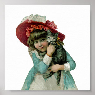 Affiche Fille à Bonnet avec Kitten de Noël