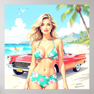 Affiche Fille à la plage avec une voiture classique