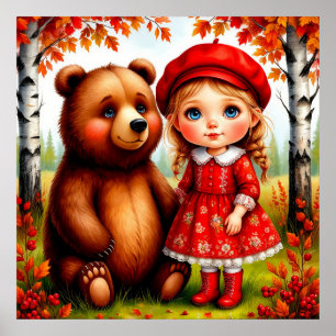 Affiche Fille adorable et ours dans une forêt fantaisiste