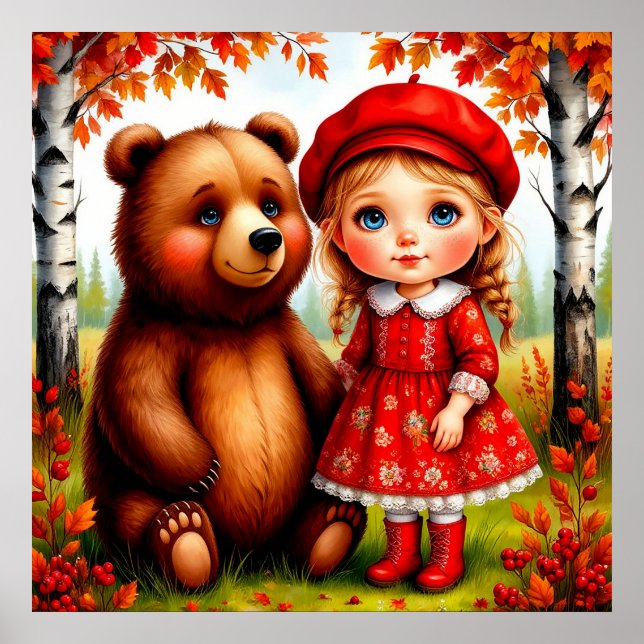 Affiche Fille adorable et ours dans une forêt fantaisiste (Devant)