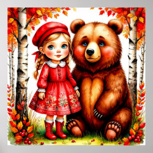 Affiche Fille adorable et ours dans une forêt fantaisiste