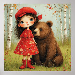 Affiche Fille adorable et ours dans une forêt fantaisiste