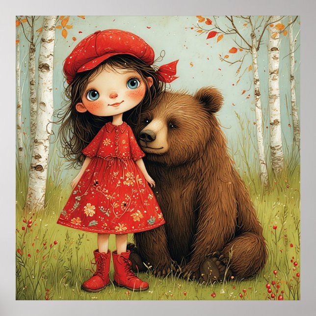 Affiche Fille adorable et ours dans une forêt fantaisiste (Devant)